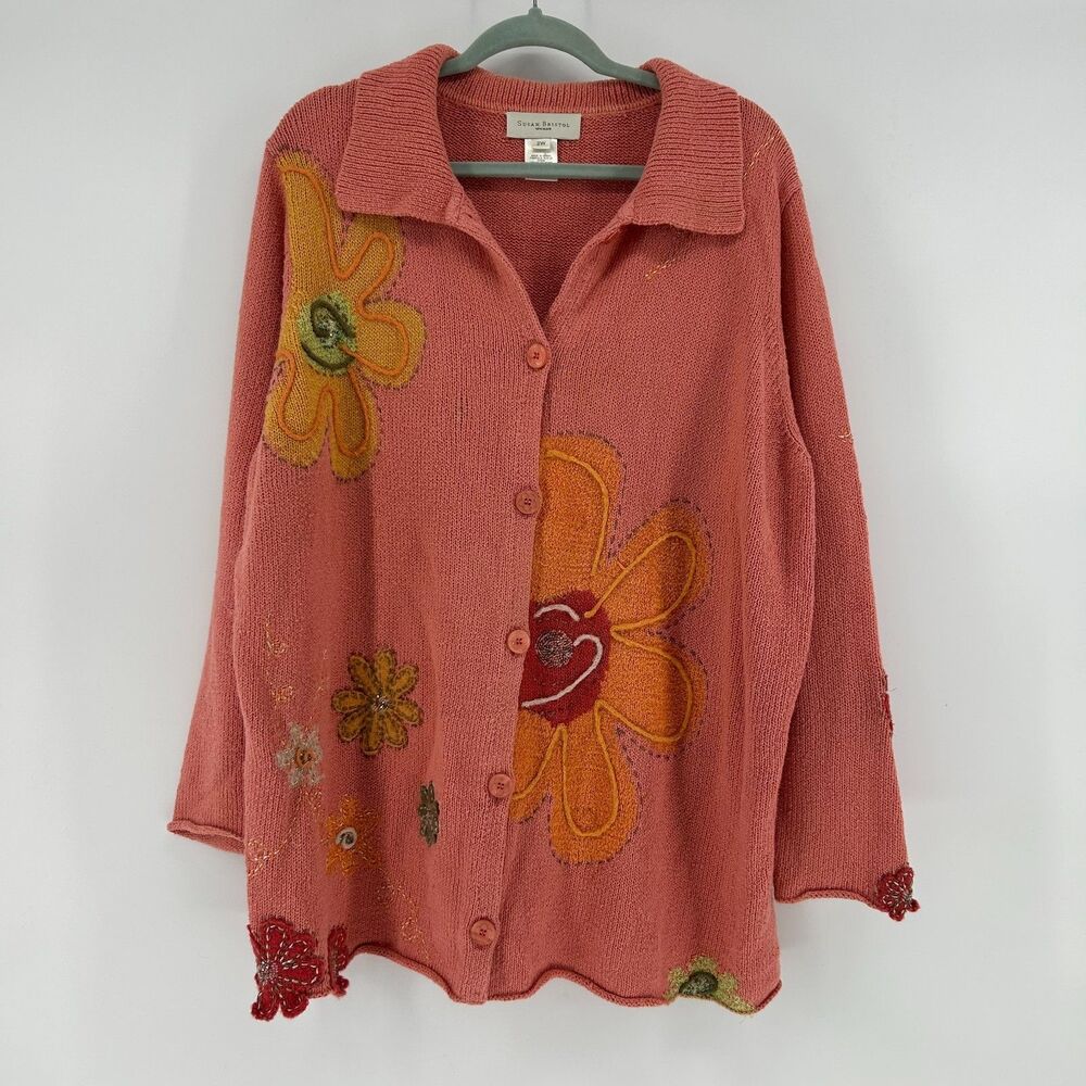 Susan Bristol Cardigan Sweater Women's 2XL Pink Floral Hippie Daisy 70s Cottage
